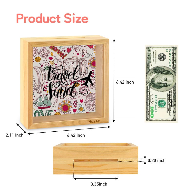 HuaArt Piggy Bank for Kids. Wooden Money Coin Bank for Boys and Girlsï¼ŒCoin Bank Money Bankï¼ŒNatural Wood Money Boxï¼ŒTravel Fund Printed on The Plexiglass Front. - Image 2